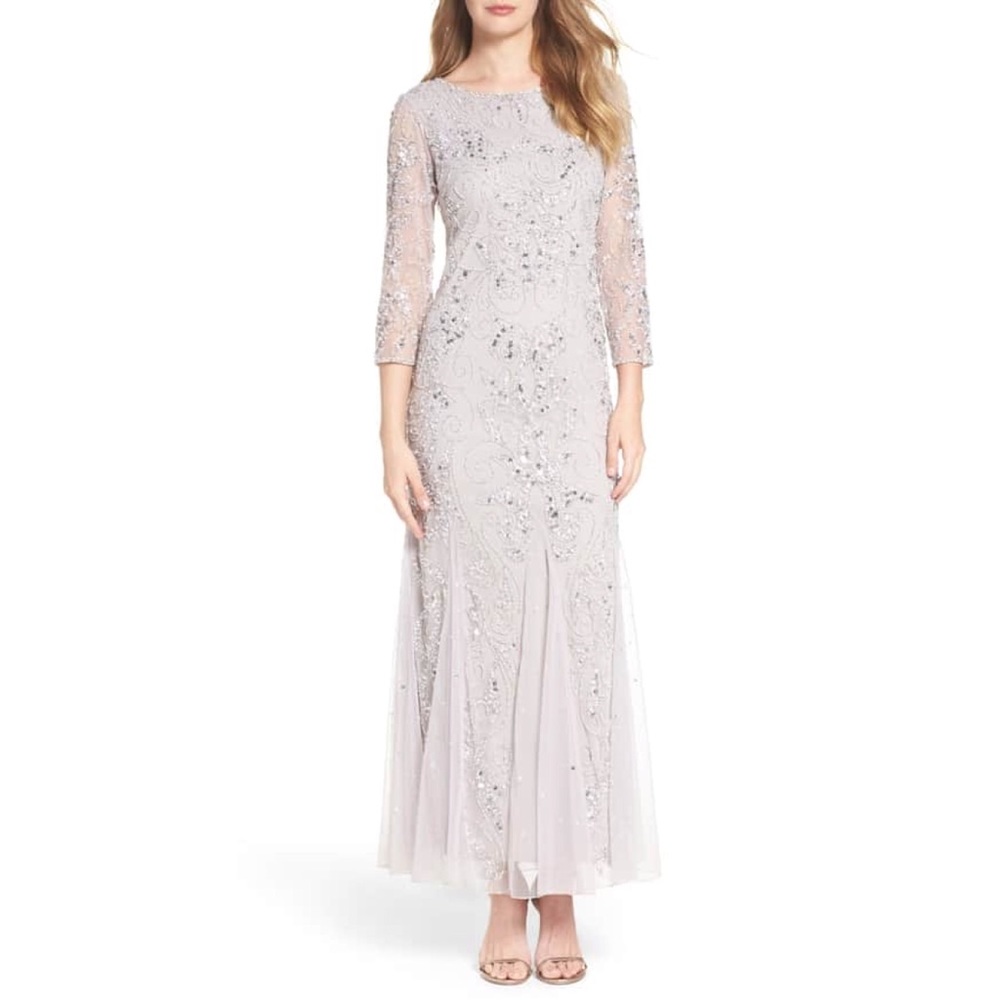 NWOT Pisarro nights embellished mesh gown silver
